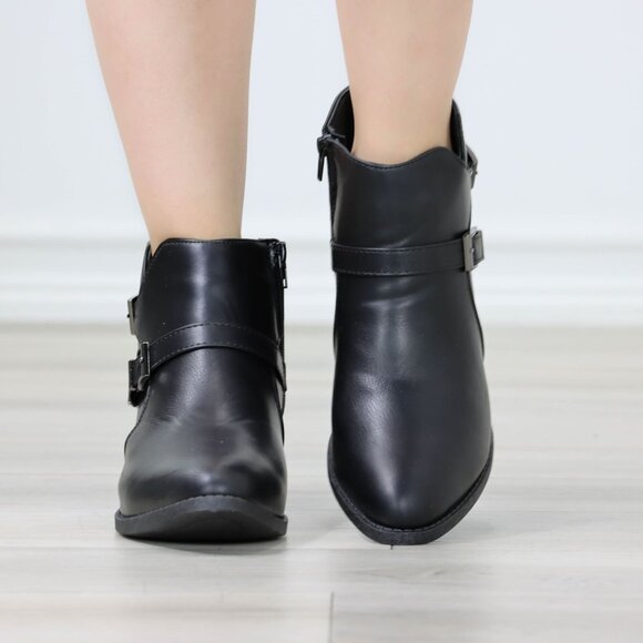 Womens Ankle Boots Low Block Heel Black Synthetic Leather Pointed Toe Buckles - Picture 4 of 11